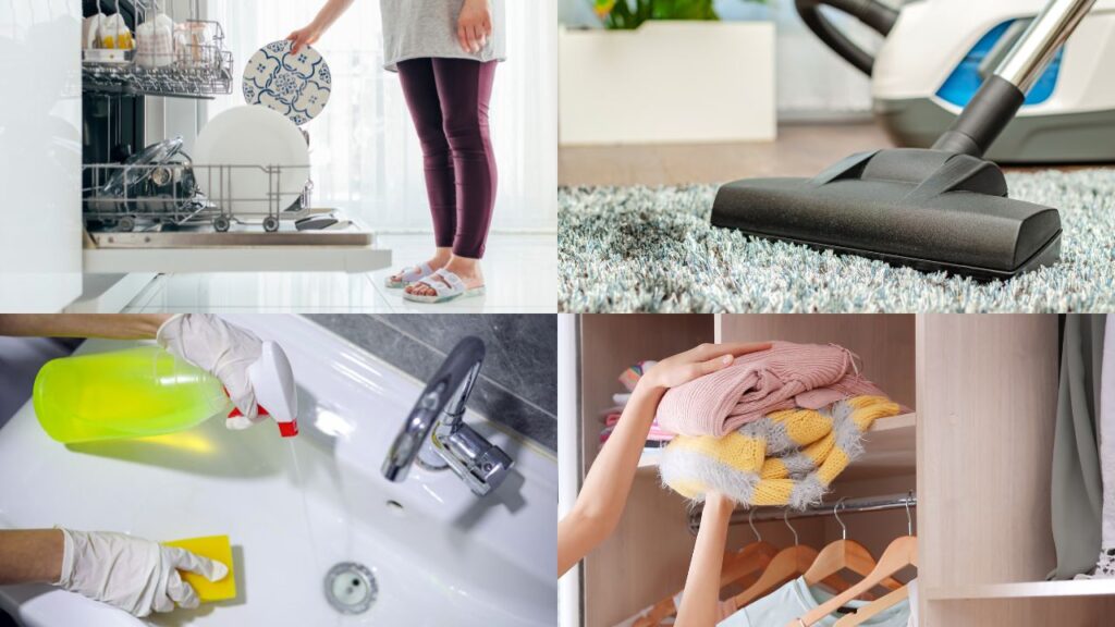 quick evening cleaning routines like cleaning putting away dishes, vacuuming, cleaning bathroom sink and putting away clothes