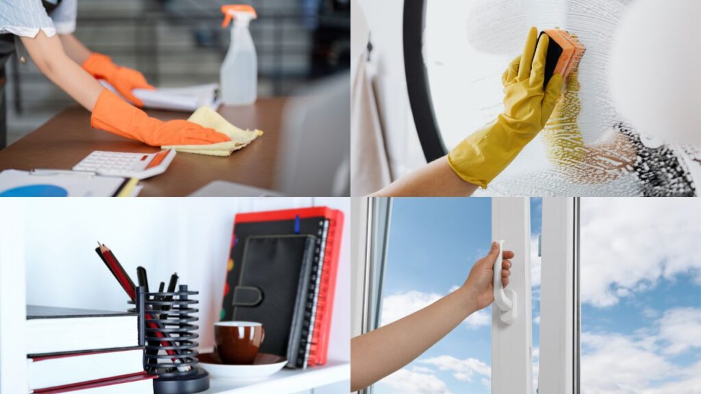 quick lunch cleaning routines like wiping desks, cleaning mirrors, putting away books and opening windows