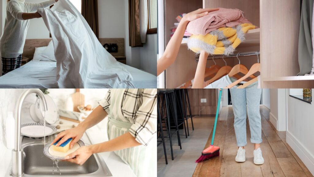 quick morning cleaning routines like making the bed, putting away clothes, washing dishes and sweeping