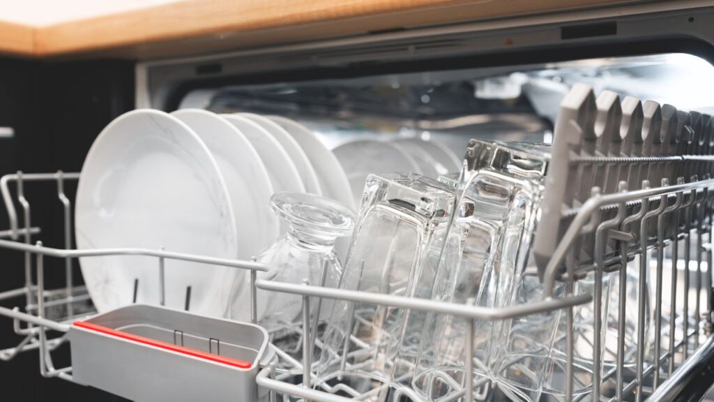 dishes loaded on a dishwasher