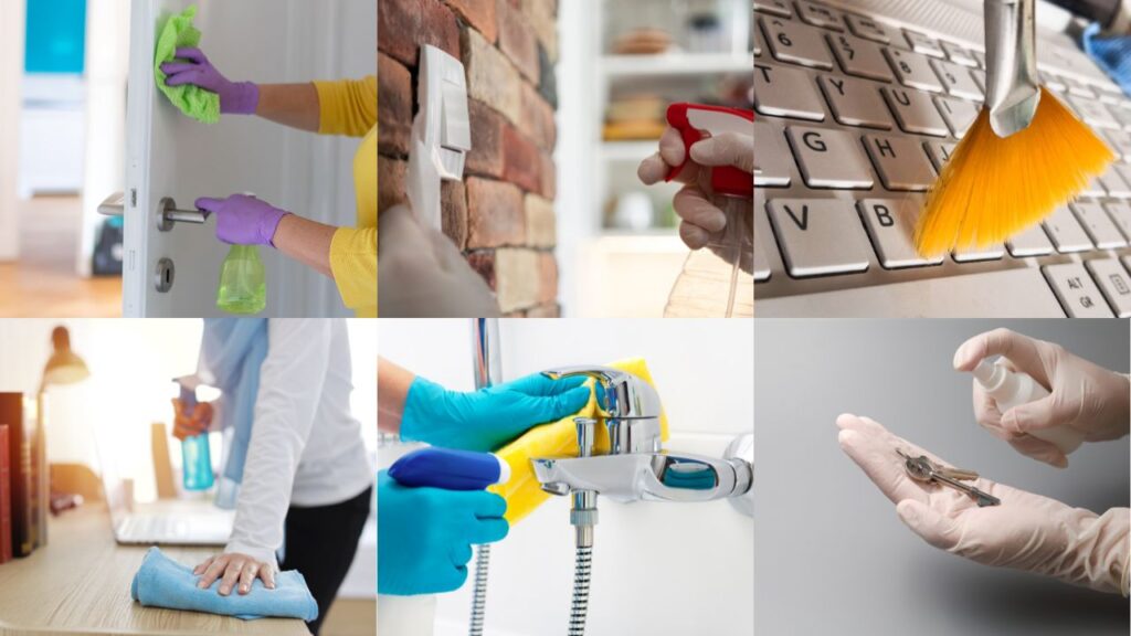 cleaning high touch areas in a home such as doorknobs, light swiches, eletronics, table tops, bathroom fixures and commun items like keys