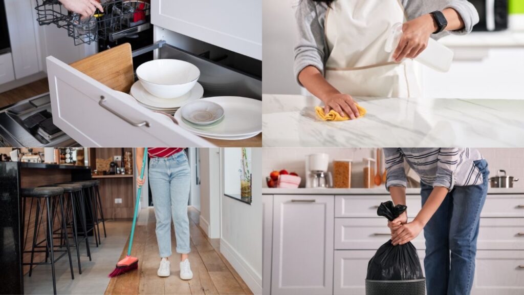 sorting dishes, wiping counter, sweeping floor and taking out trash