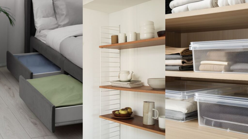 types of storage for small apartments like drawers under the bed, shelves and boxes