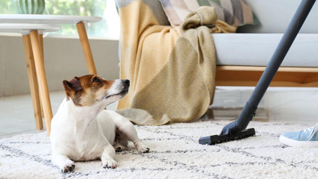 vaccuming living room rug with a dog laying on top of it