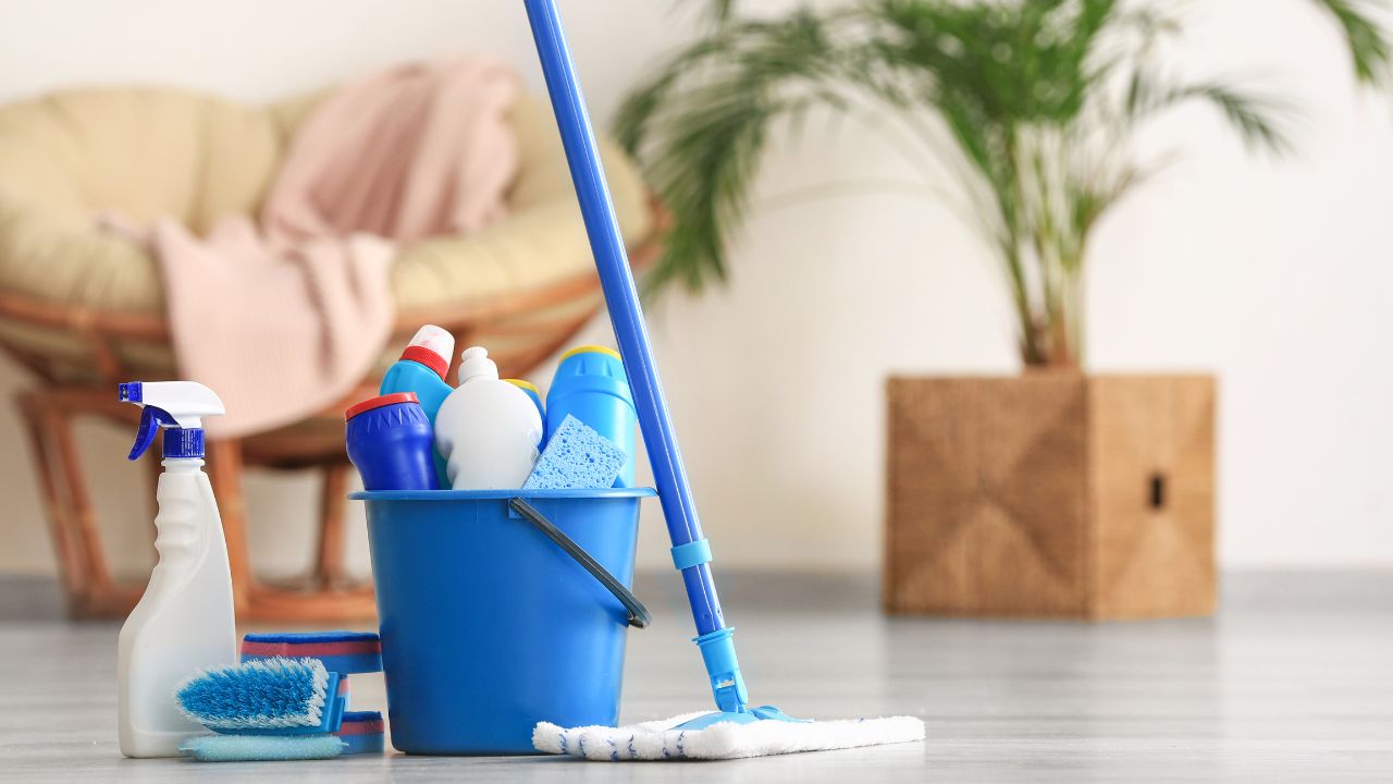 cleaning products and mop in front of chair and vase