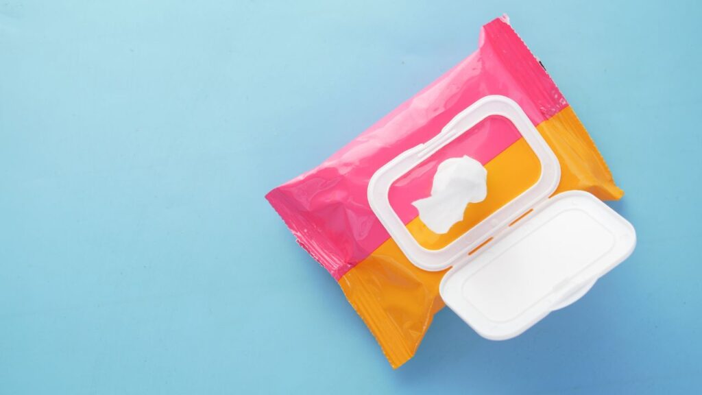 desinfecting wipes with pink and orange packaging