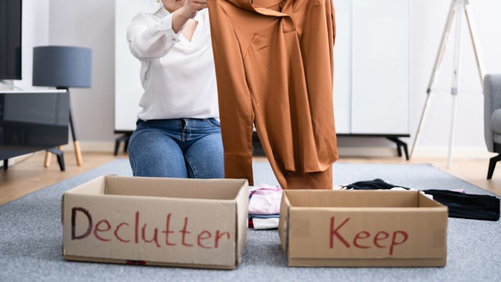 sorting clothes to keep or declutter