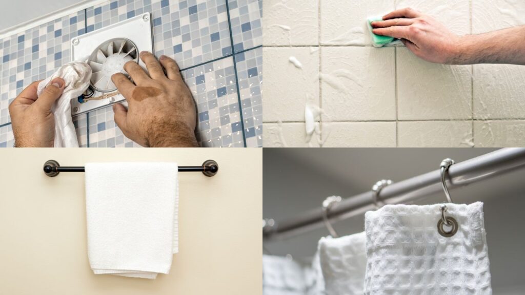 bathroom tiles , exhaust-fan, towel and shower curtain