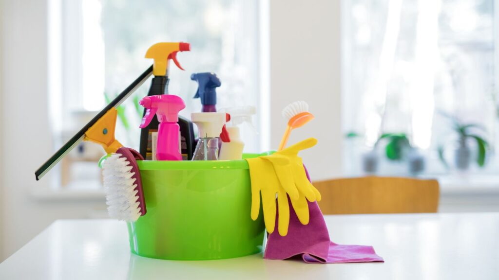 bucket of cleaning products