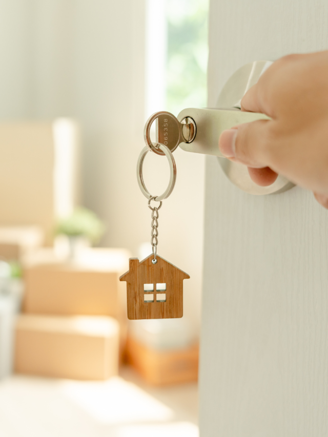 key with house keychain in a door