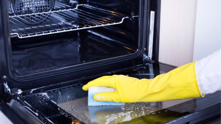 cleaning glass oven door with sponge and soap