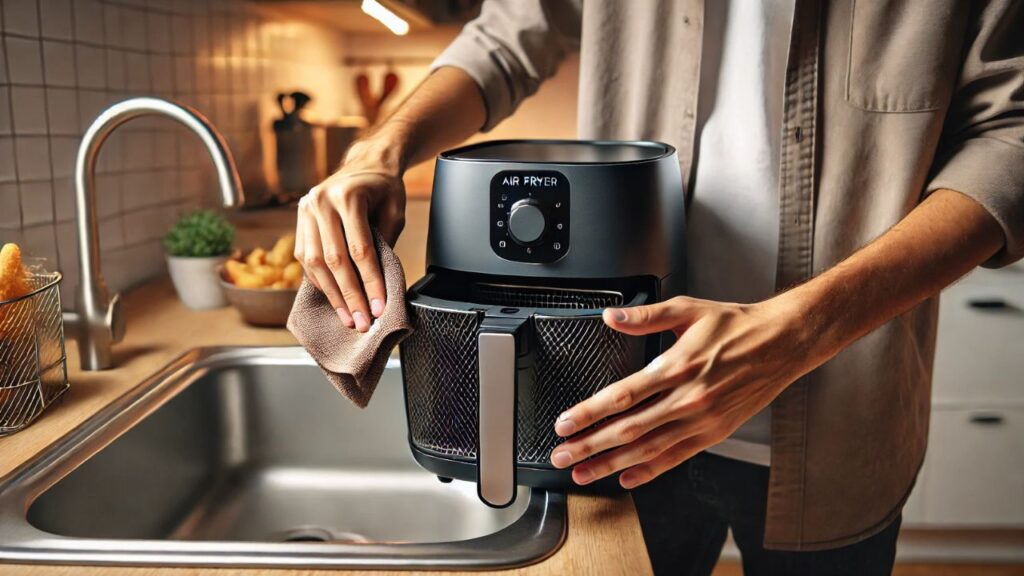 man cleaning air fryer in kitchen