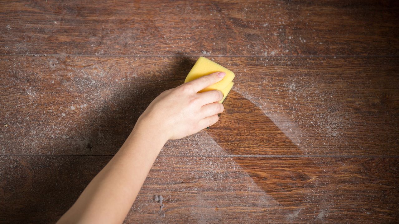 wiping dust from wooden surface with sponge