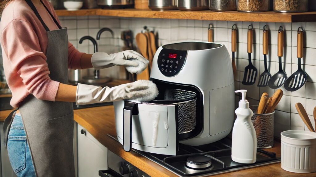 woman wearing apron cleaning air fryer