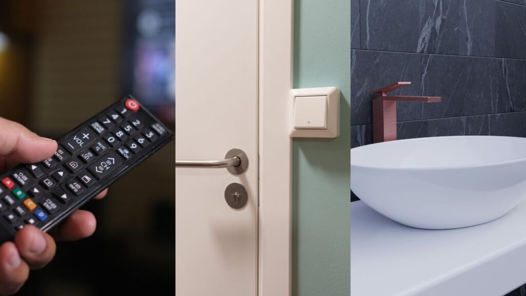 montage of three pictures, one of a person holding a remote control, one of a door knob next to a light switch and the last of a bathroom sink faucet