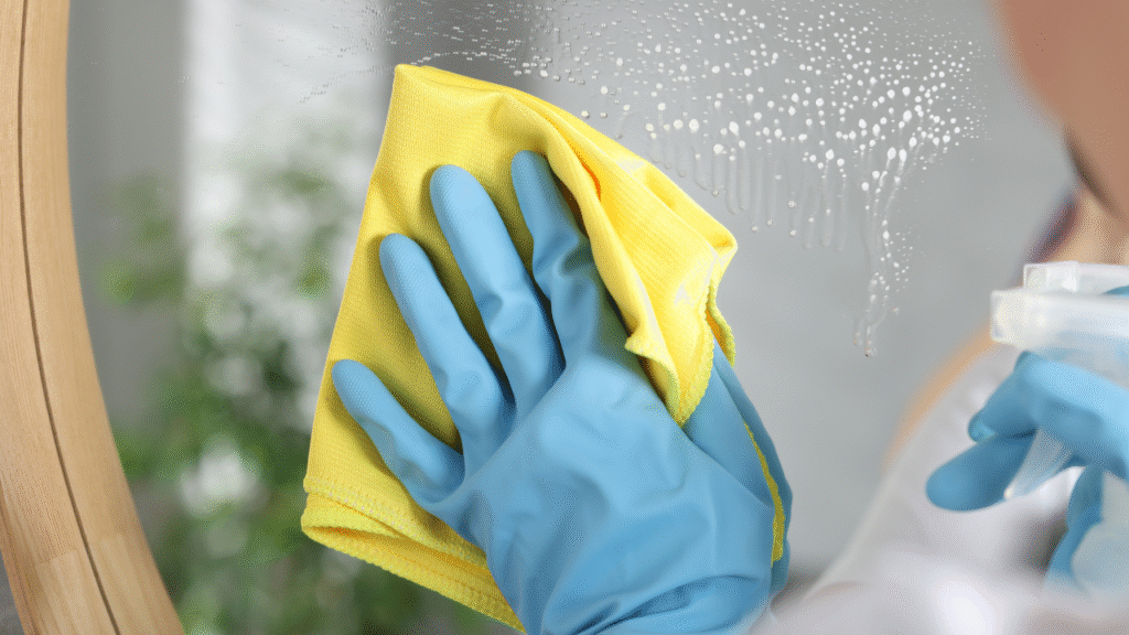 wiping-mirror-with-yellow-microfiber-cloth